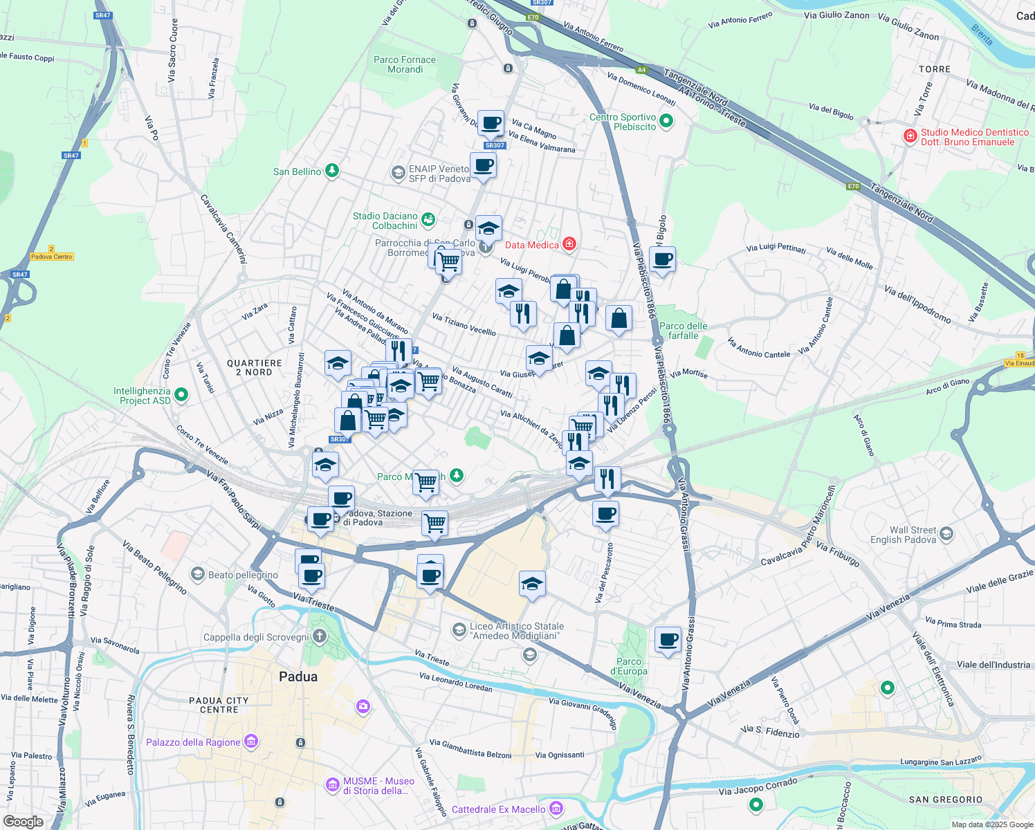 map of restaurants, bars, coffee shops, grocery stores, and more near 6 Via Claudio Monteverdi in Padova