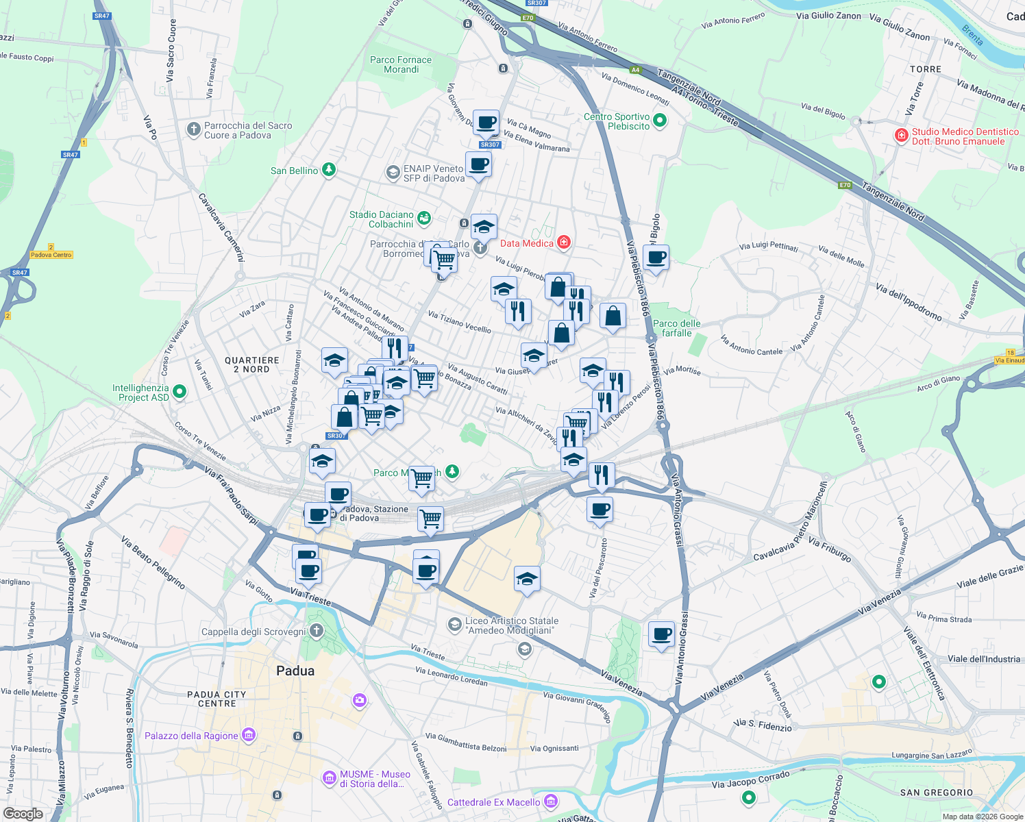 map of restaurants, bars, coffee shops, grocery stores, and more near 6 Via Claudio Monteverdi in Padua