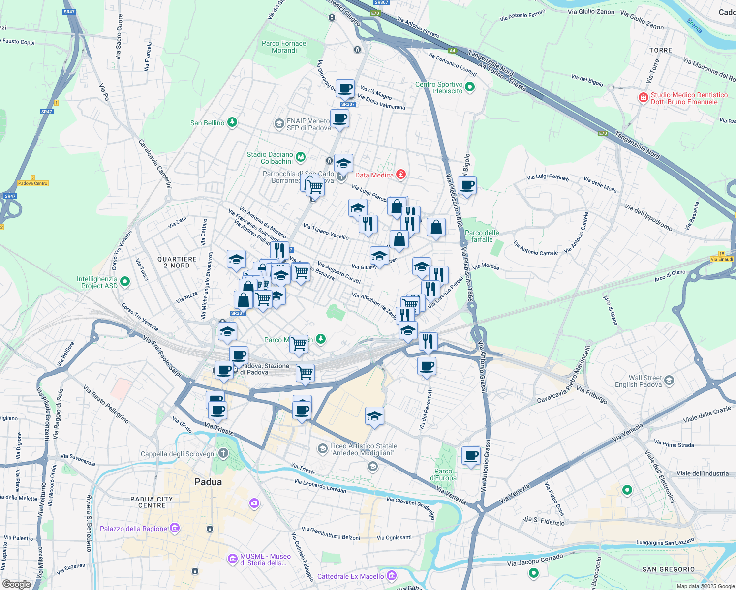map of restaurants, bars, coffee shops, grocery stores, and more near 6 Via Claudio Monteverdi in Padua