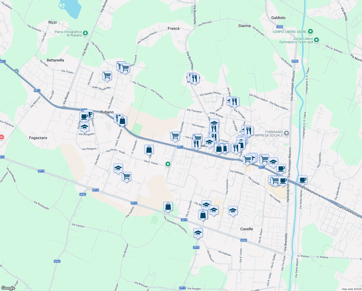 map of restaurants, bars, coffee shops, grocery stores, and more near 1 Via Dante in Sarmeola