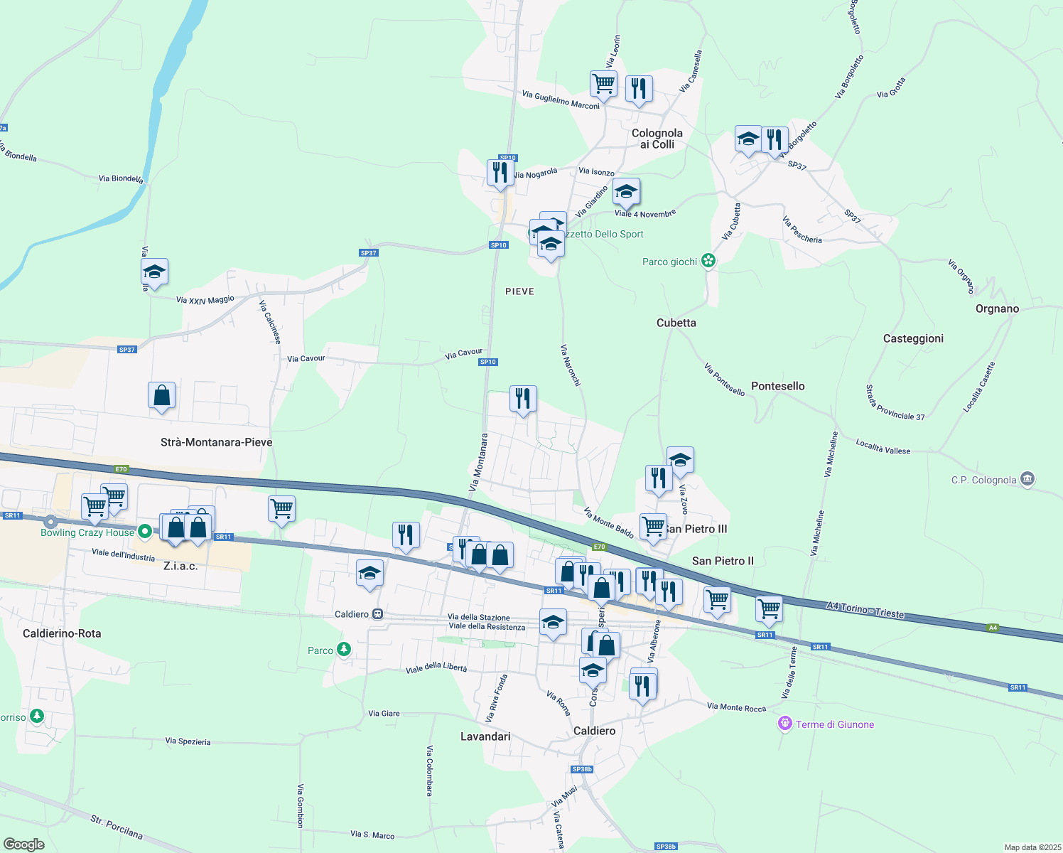 map of restaurants, bars, coffee shops, grocery stores, and more near 19 Via A. Vespucci in Strà-Montanara-Pieve