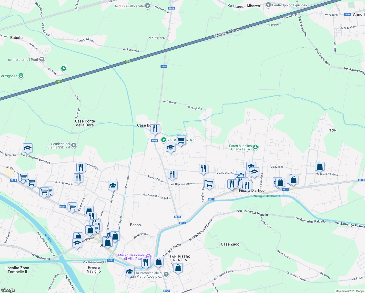 map of restaurants, bars, coffee shops, grocery stores, and more near 3 Quartiere dell'Industria in Fiesso