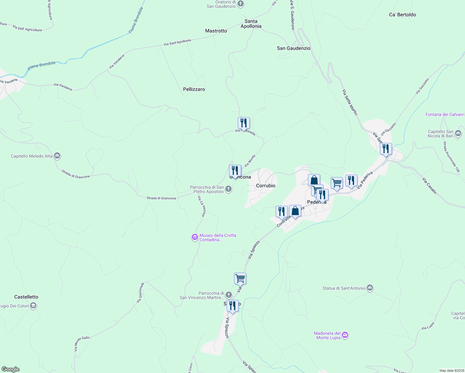 map of restaurants, bars, coffee shops, grocery stores, and more near 1 Via Alcide de Gasperi in Grancona