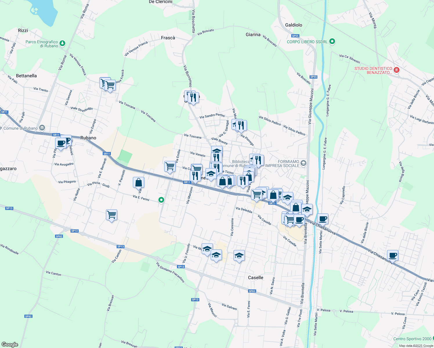 map of restaurants, bars, coffee shops, grocery stores, and more near 9 Via Carlo Borromeo in Sarmeola
