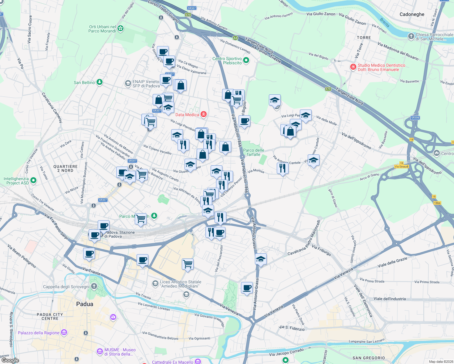 map of restaurants, bars, coffee shops, grocery stores, and more near 7 Via Federico Chopin in Padova