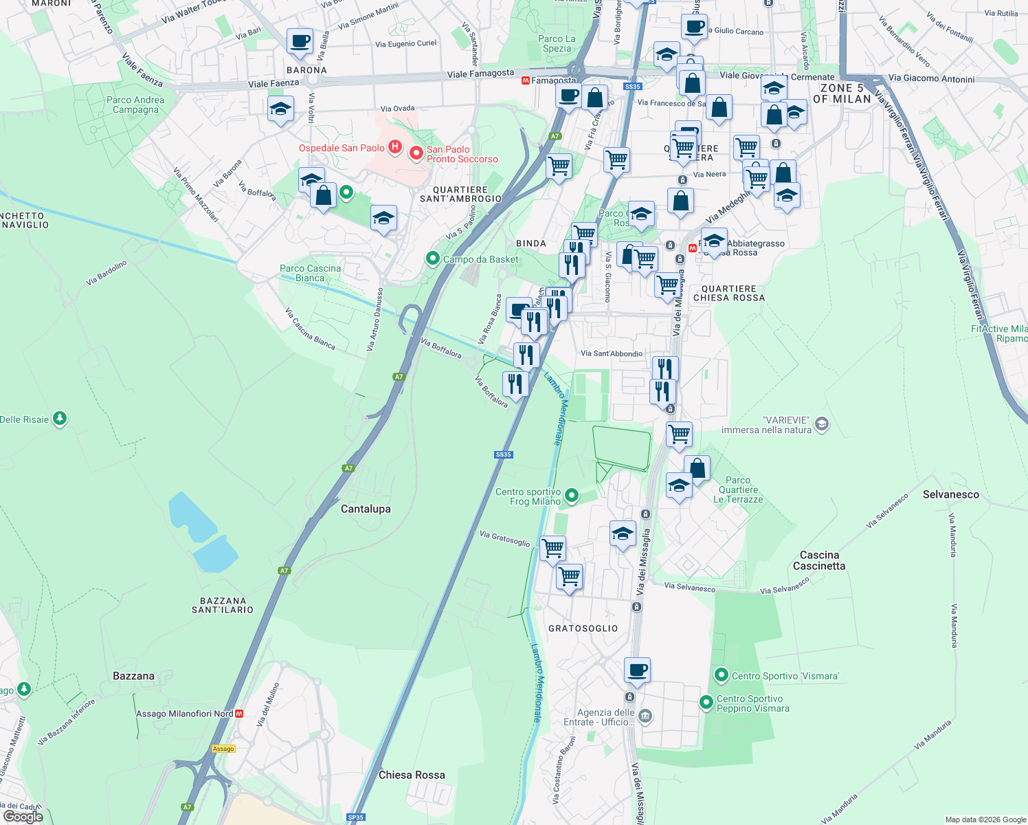 map of restaurants, bars, coffee shops, grocery stores, and more near 288 Alzaia Naviglio Pavese in Città Metropolitana di Milano