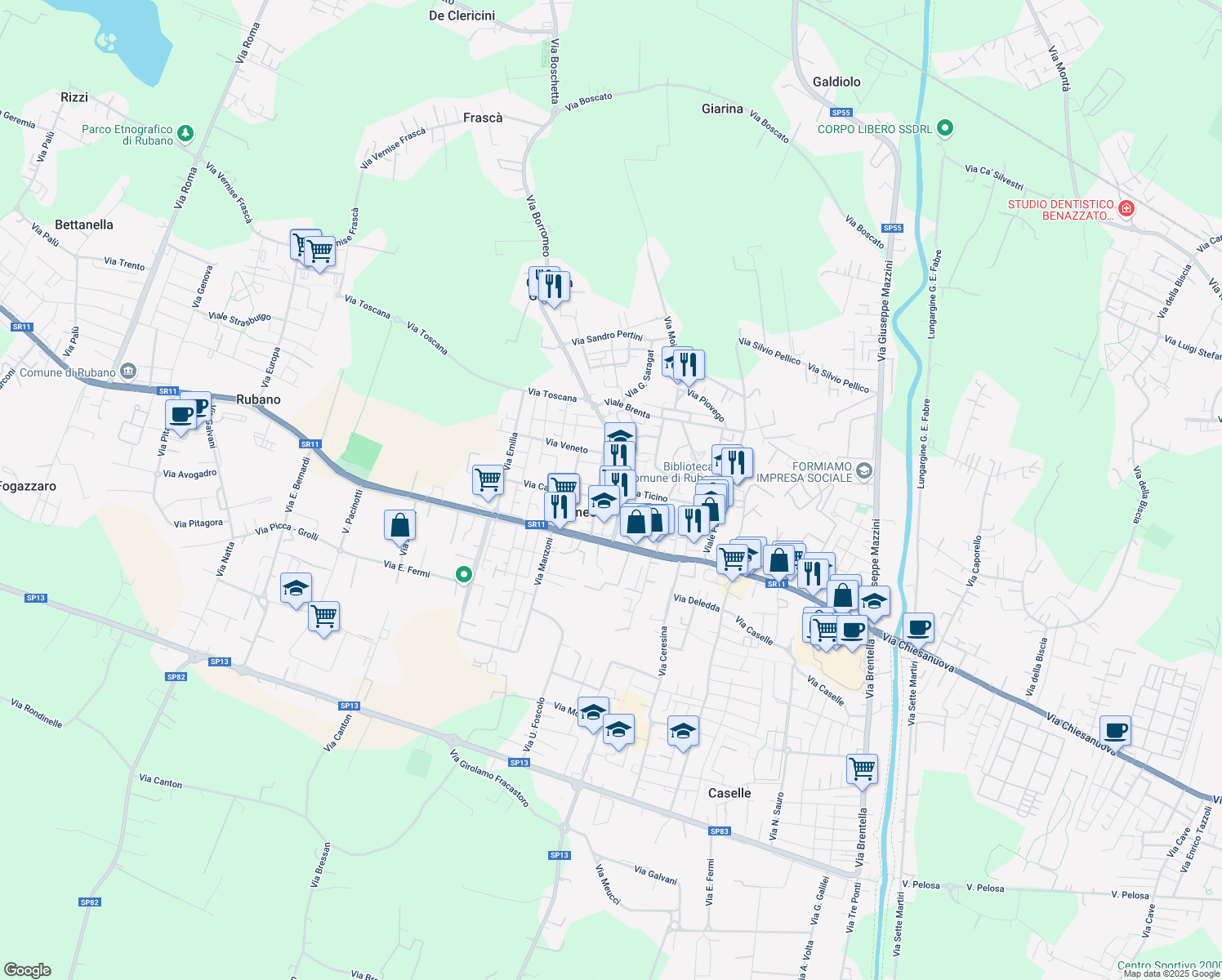 map of restaurants, bars, coffee shops, grocery stores, and more near 9 Via Borromeo in Sarmeola