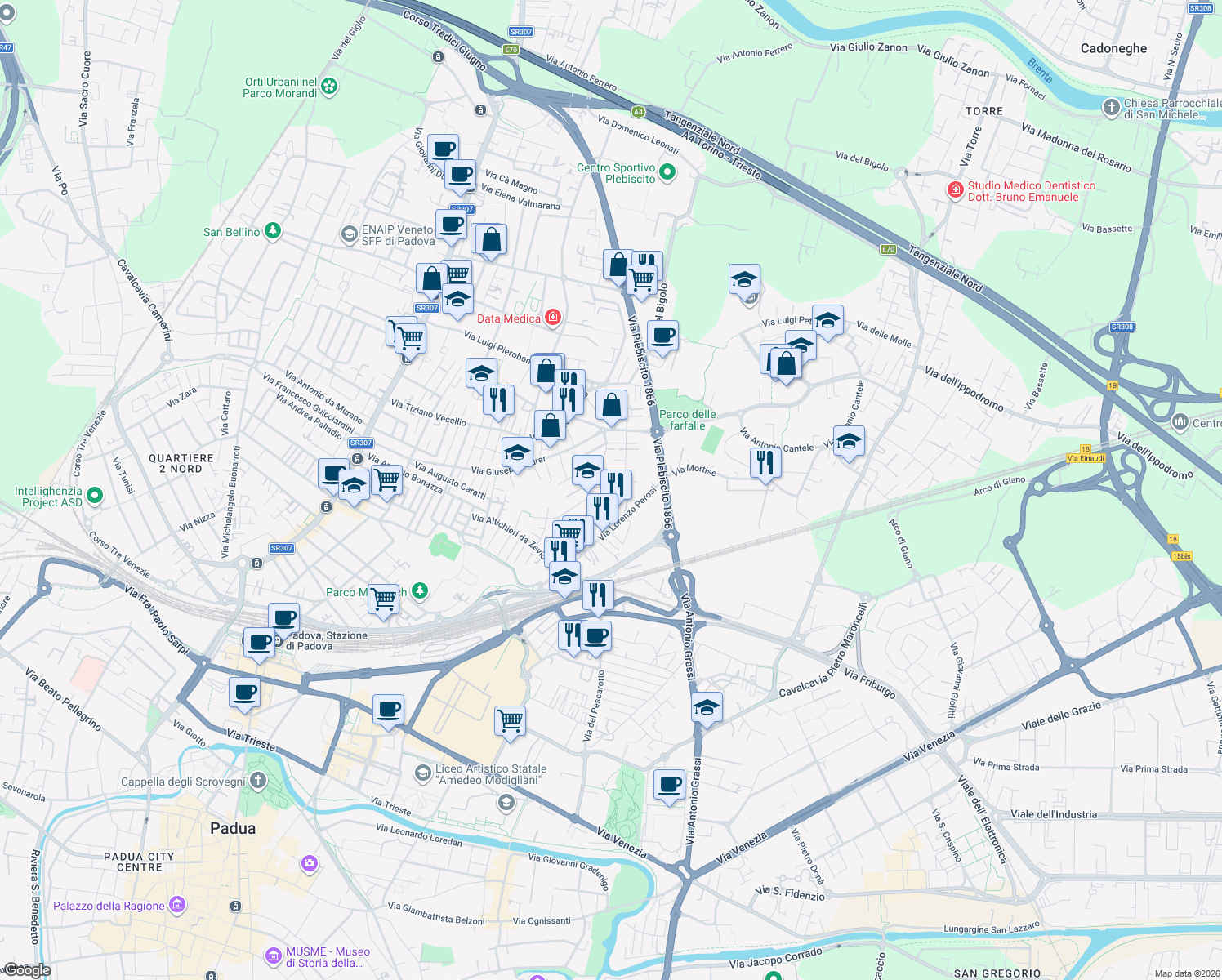 map of restaurants, bars, coffee shops, grocery stores, and more near 7 Via Federico Chopin in Padova