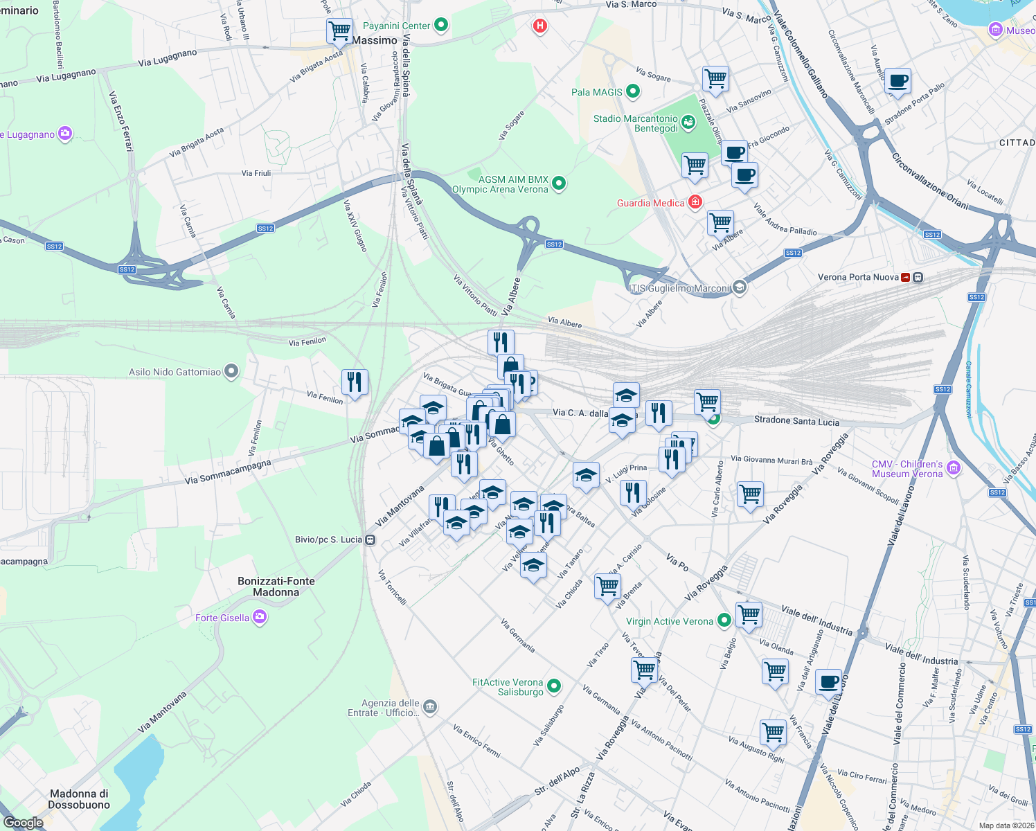 map of restaurants, bars, coffee shops, grocery stores, and more near 9 Via Mantovana in Verona