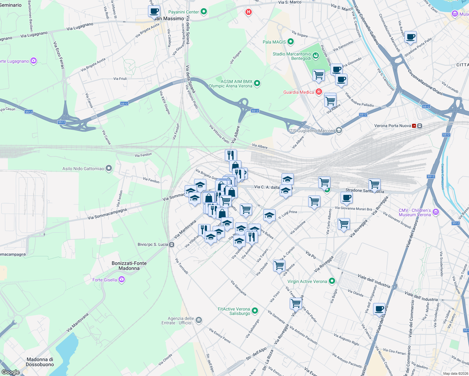map of restaurants, bars, coffee shops, grocery stores, and more near 9 Via Mantovana in Verona