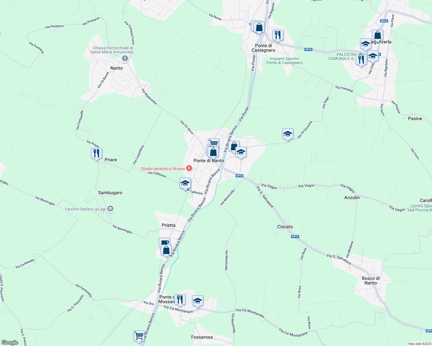map of restaurants, bars, coffee shops, grocery stores, and more near 55 Via Riviera Berica in Ponte di Nanto