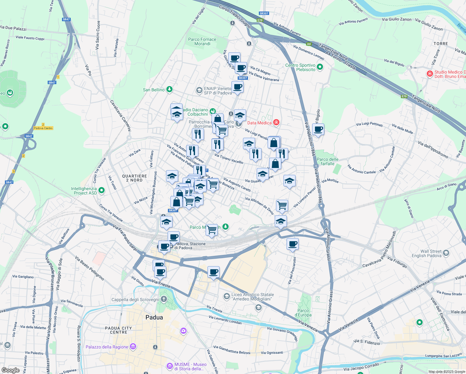 map of restaurants, bars, coffee shops, grocery stores, and more near 59 Via Antonio Bonazza in Padova