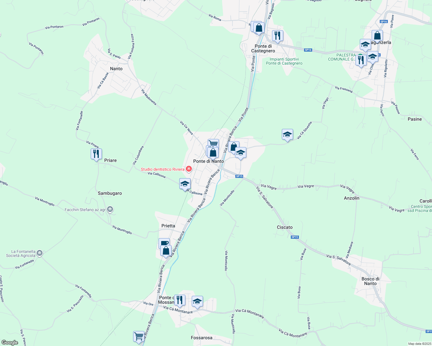 map of restaurants, bars, coffee shops, grocery stores, and more near 55 Via Riviera in Ponte di Nanto
