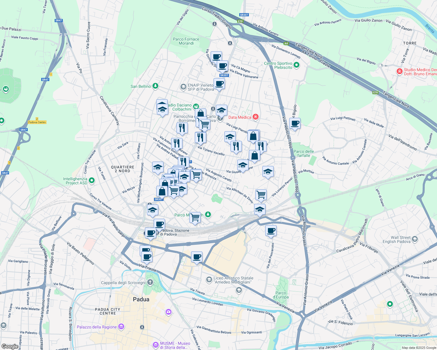 map of restaurants, bars, coffee shops, grocery stores, and more near 59 Via Antonio Bonazza in Padova