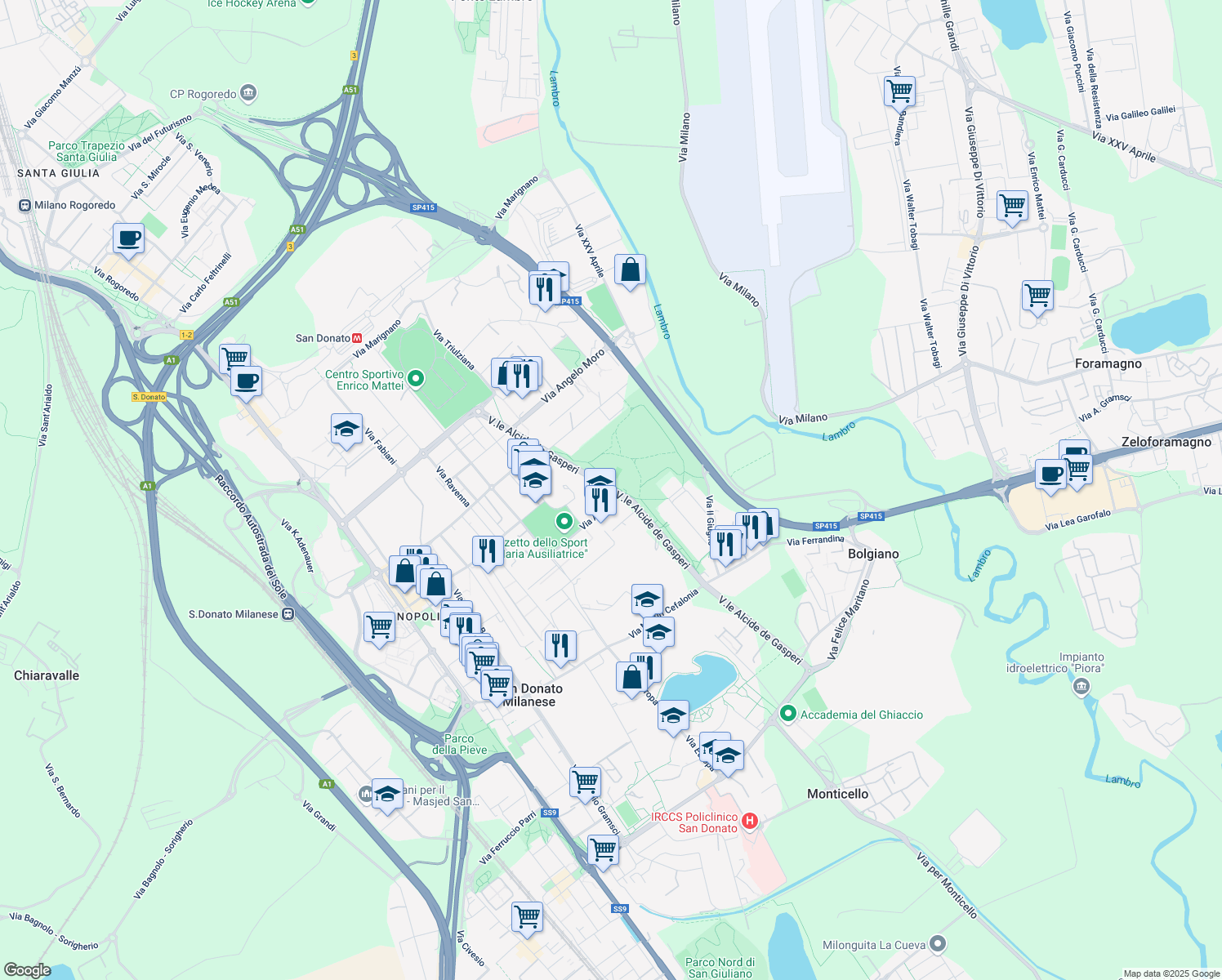 map of restaurants, bars, coffee shops, grocery stores, and more near Viale Alcide de Gasperi in Città Metropolitana di Milano