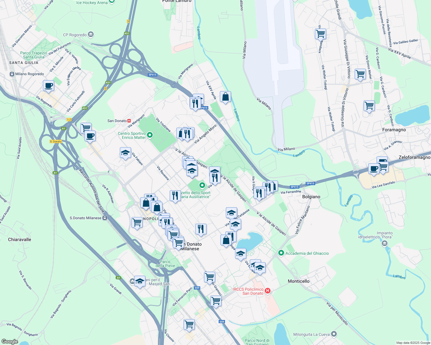 map of restaurants, bars, coffee shops, grocery stores, and more near Viale Alcide de Gasperi in Città Metropolitana di Milano