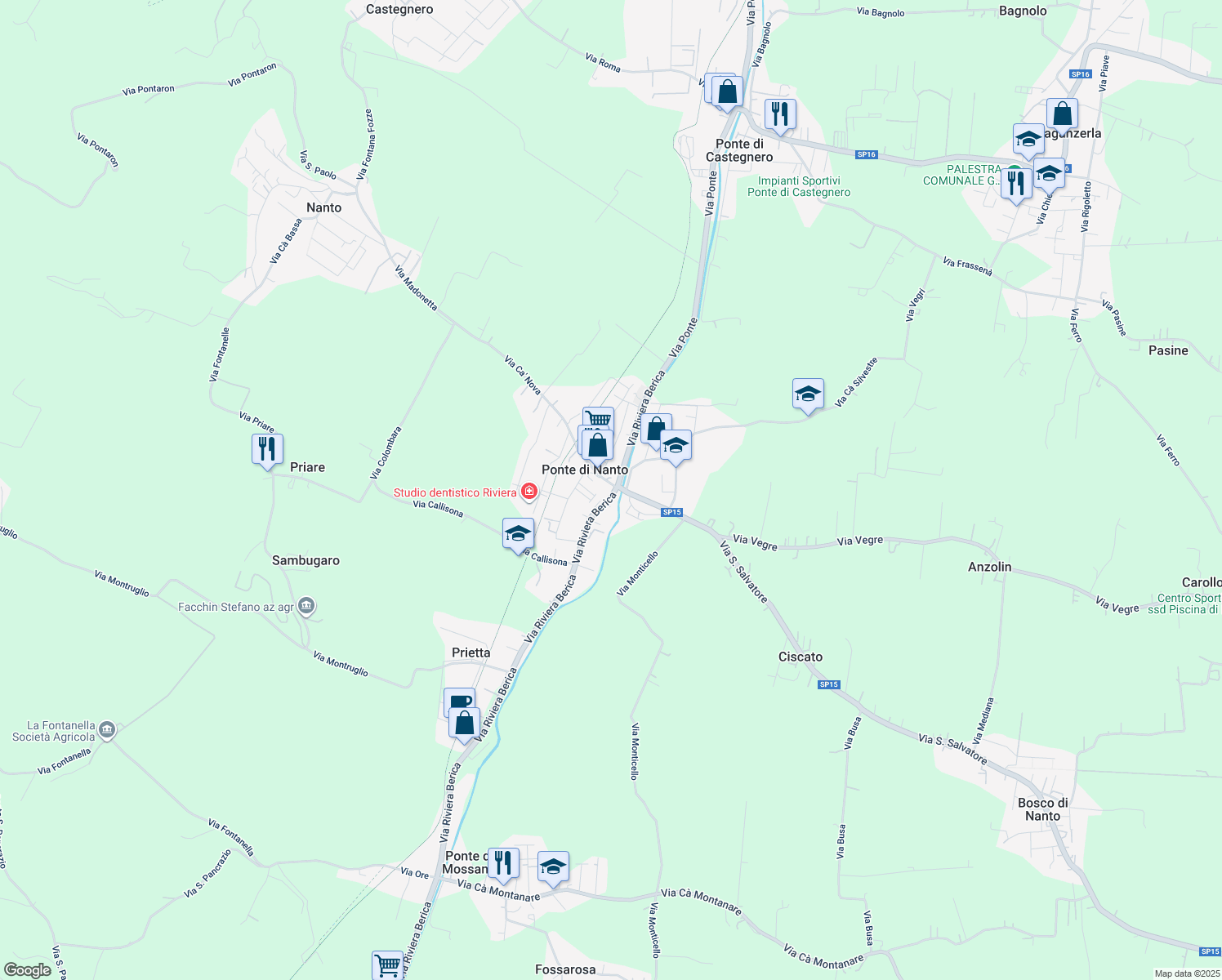 map of restaurants, bars, coffee shops, grocery stores, and more near 55 Via Riviera in Ponte di Nanto