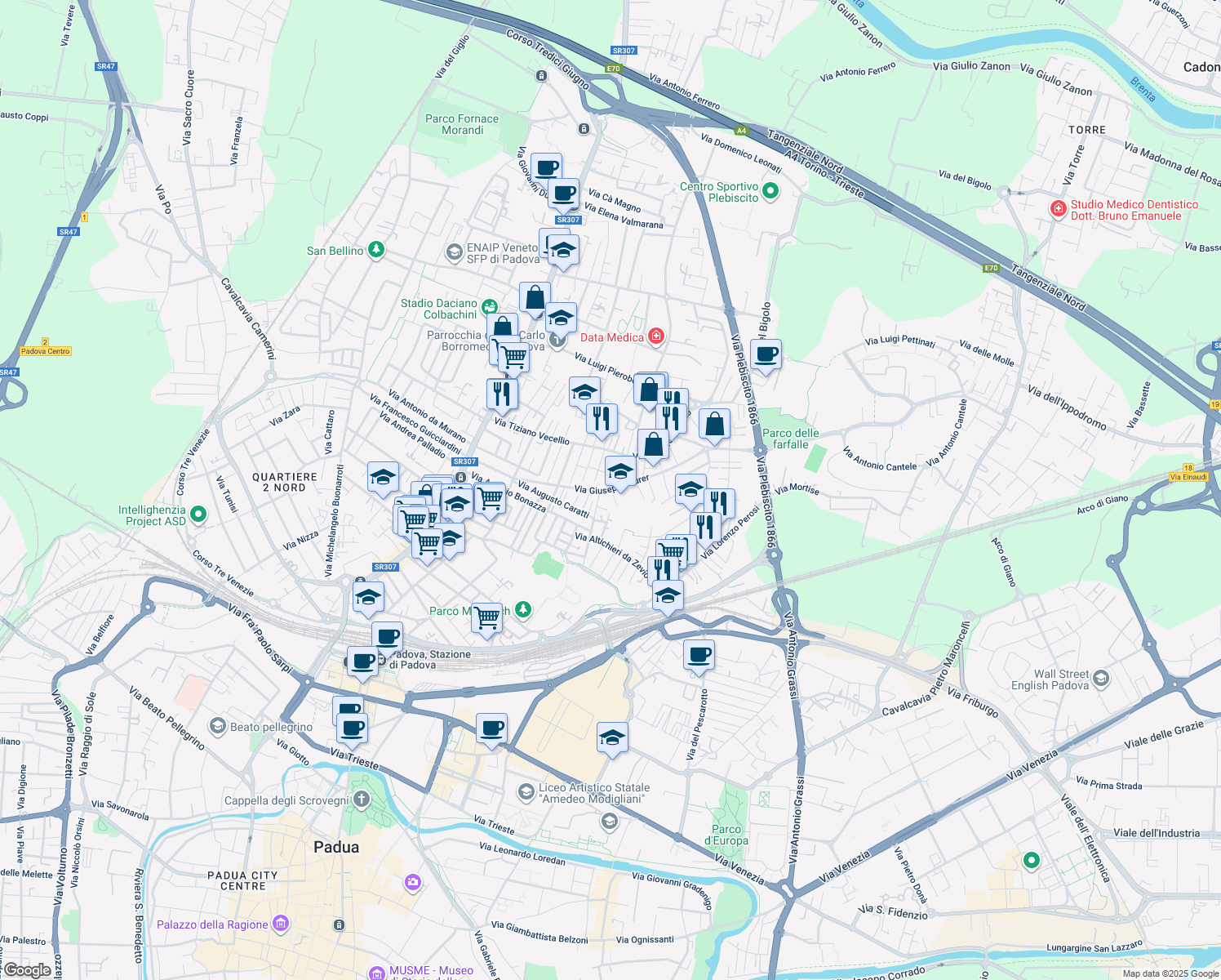 map of restaurants, bars, coffee shops, grocery stores, and more near 12 Via Benedetto Marcello in Padova