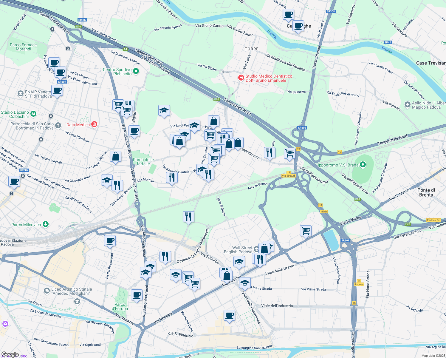 map of restaurants, bars, coffee shops, grocery stores, and more near 2 Via Cavalieri di Vittorio Veneto in Padova