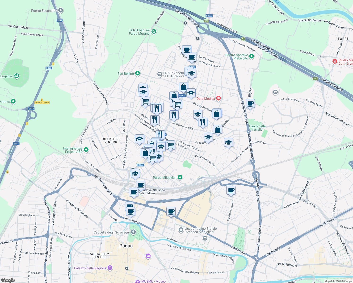 map of restaurants, bars, coffee shops, grocery stores, and more near 16 Via Annibale Padovano in Padua