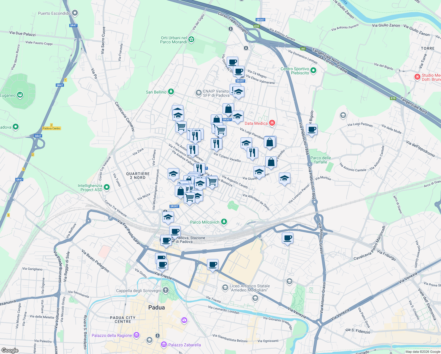 map of restaurants, bars, coffee shops, grocery stores, and more near 16 Via Annibale Padovano in Padua