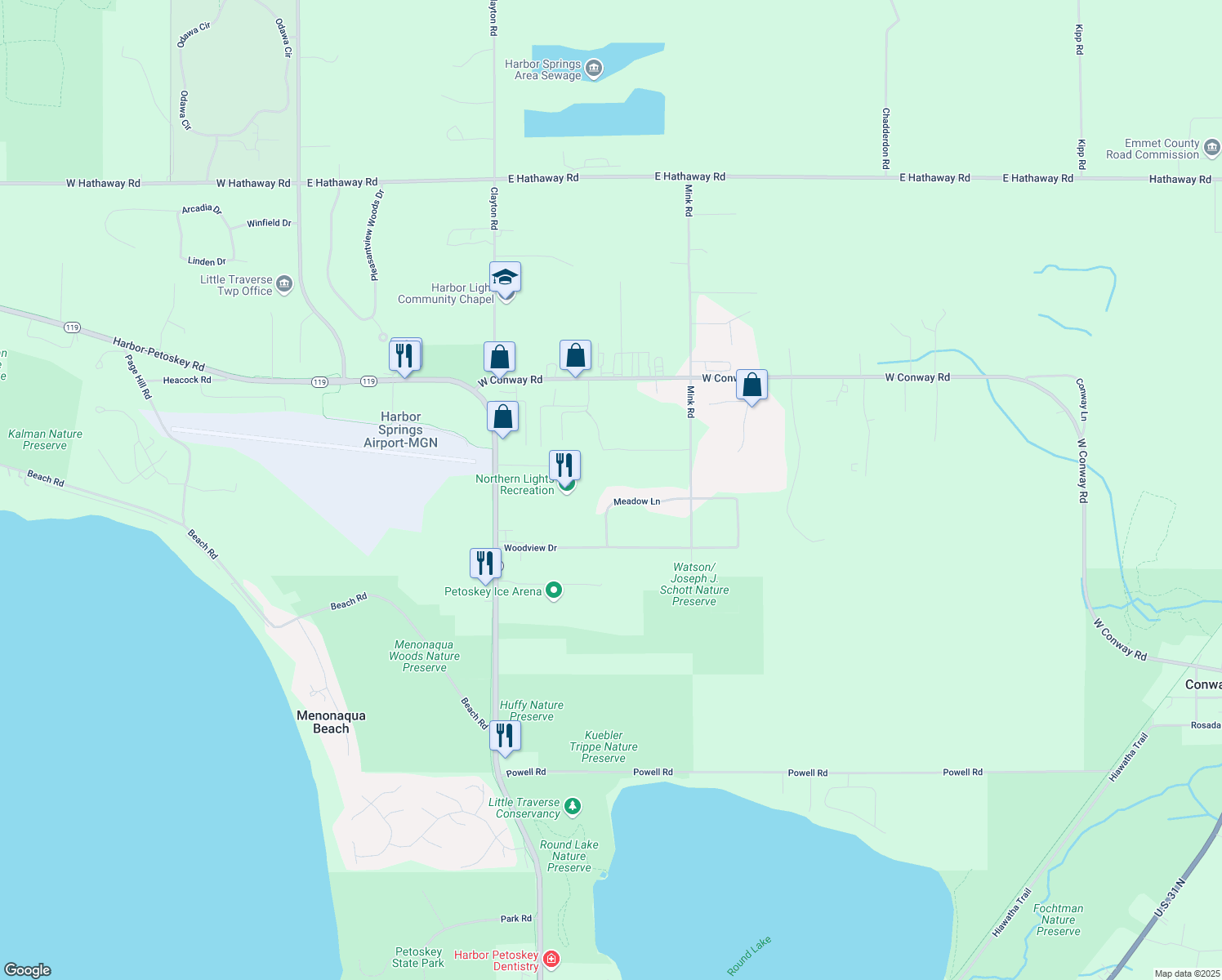 map of restaurants, bars, coffee shops, grocery stores, and more near 795 Meadow Ln in Harbor Springs