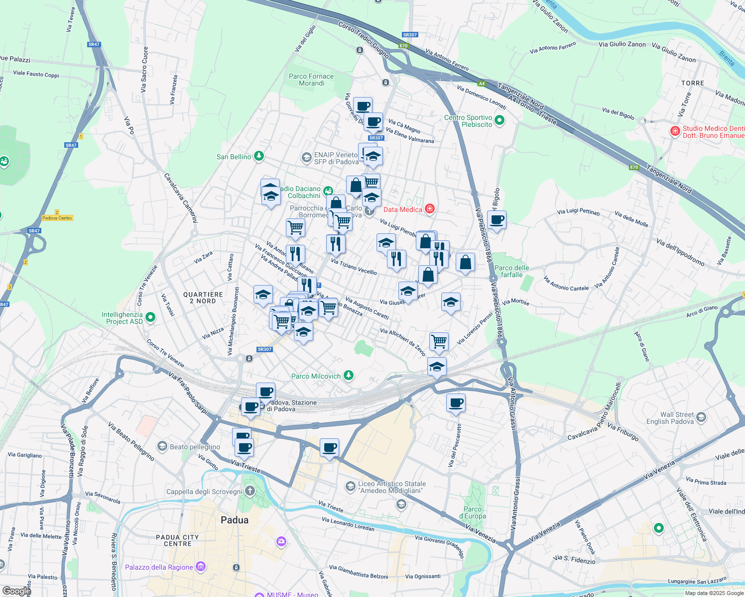 map of restaurants, bars, coffee shops, grocery stores, and more near 16 Via Niccolò Jommelli in Padova
