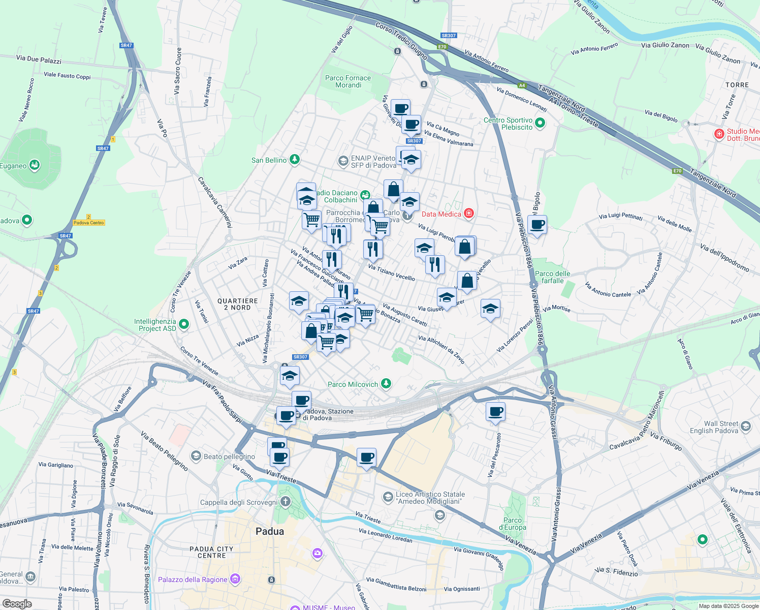map of restaurants, bars, coffee shops, grocery stores, and more near 16 Via Annibale Padovano in Padua