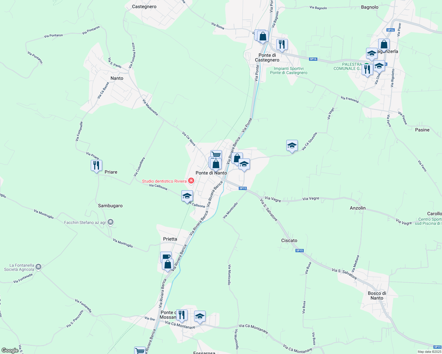 map of restaurants, bars, coffee shops, grocery stores, and more near 21 Via Bembo in Ponte di Nanto