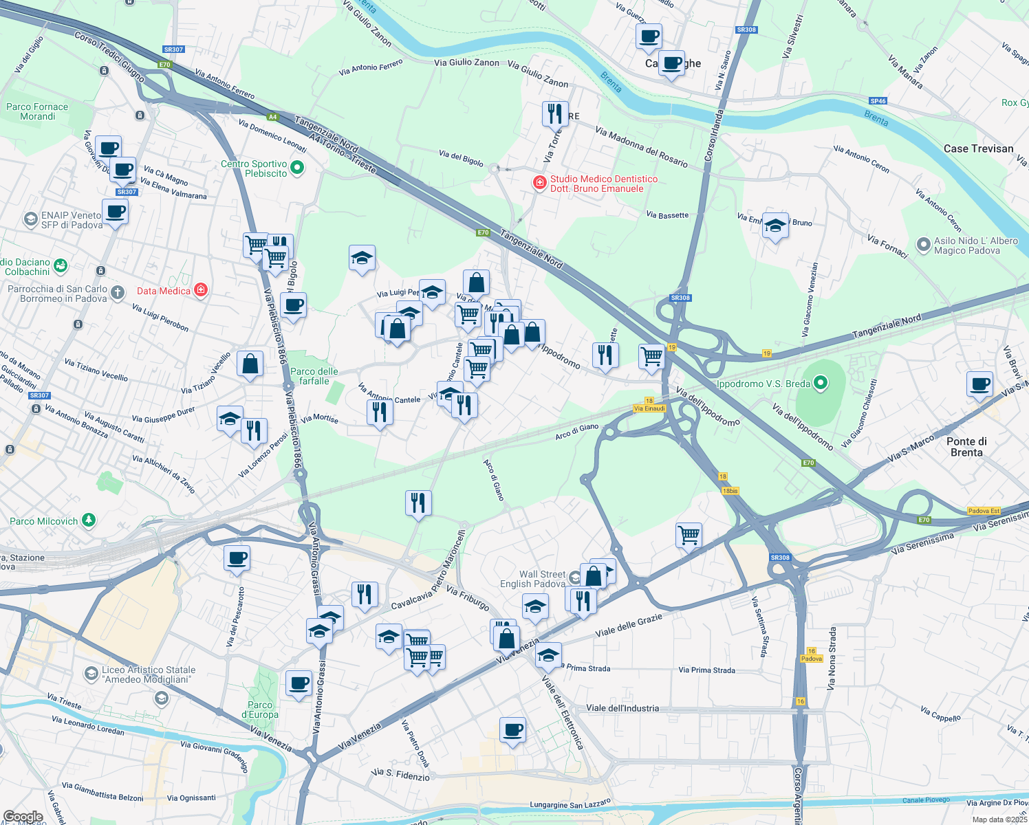 map of restaurants, bars, coffee shops, grocery stores, and more near 17 Via Astorre Lanari in Padova