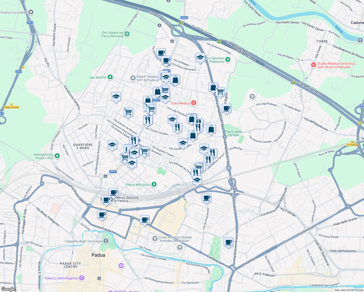 map of restaurants, bars, coffee shops, grocery stores, and more near 5 Via Umberto Giordano in Padova