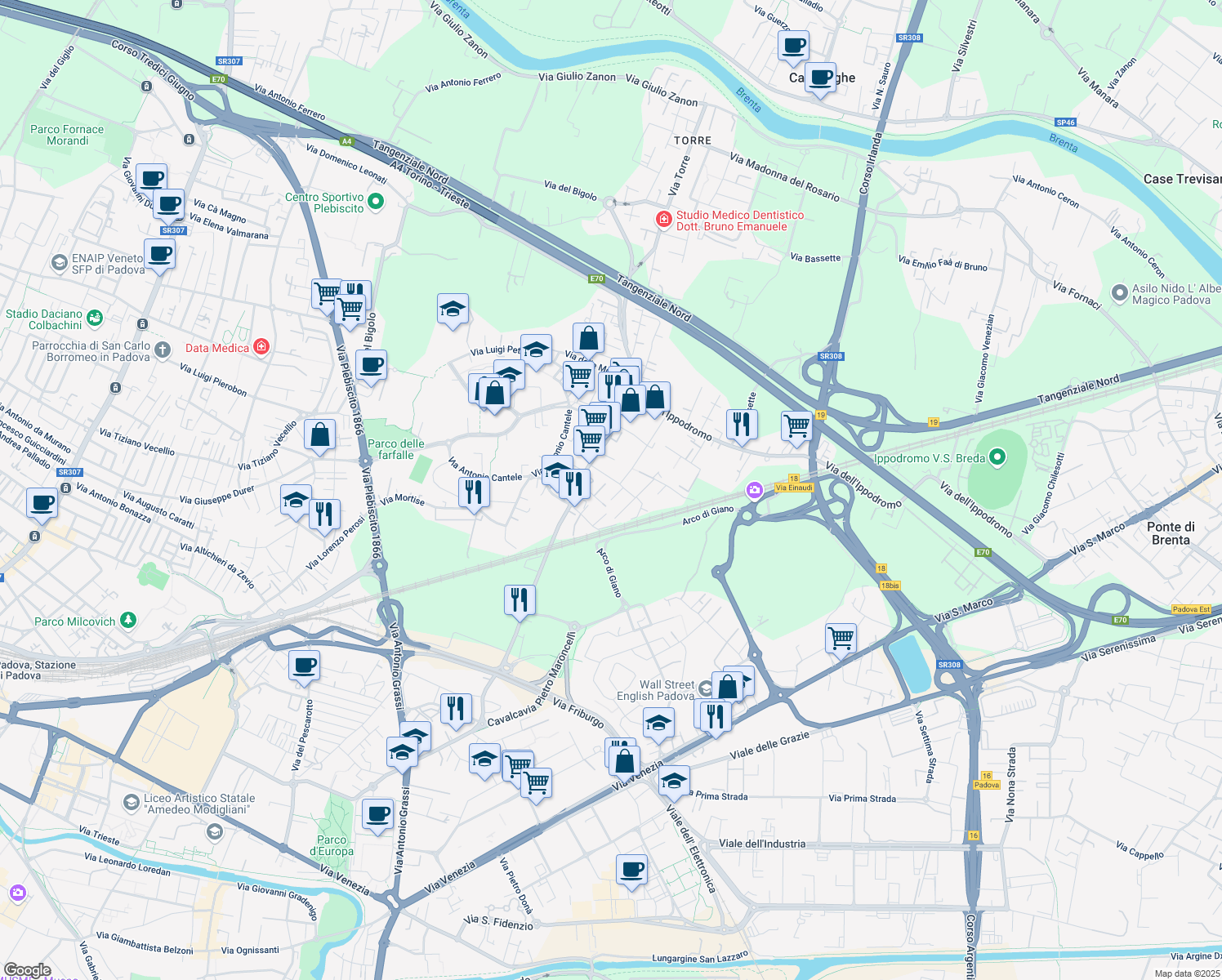 map of restaurants, bars, coffee shops, grocery stores, and more near 2 Via Cavalieri di Vittorio Veneto in Padova