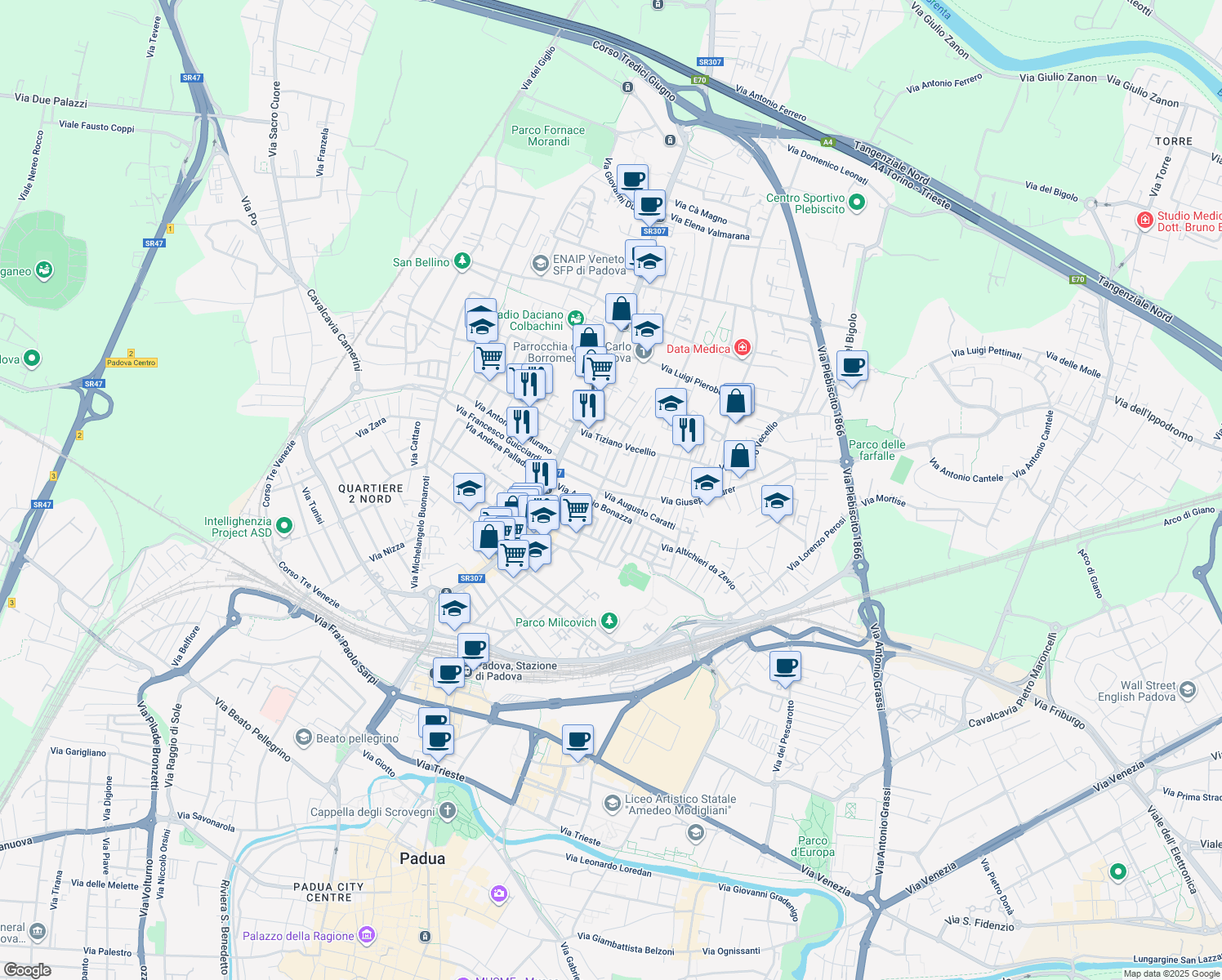 map of restaurants, bars, coffee shops, grocery stores, and more near 16 Via Annibale Padovano in Padua