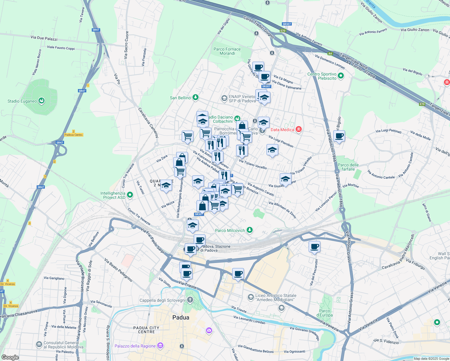 map of restaurants, bars, coffee shops, grocery stores, and more near 157 Via Tiziano Aspetti in Padua