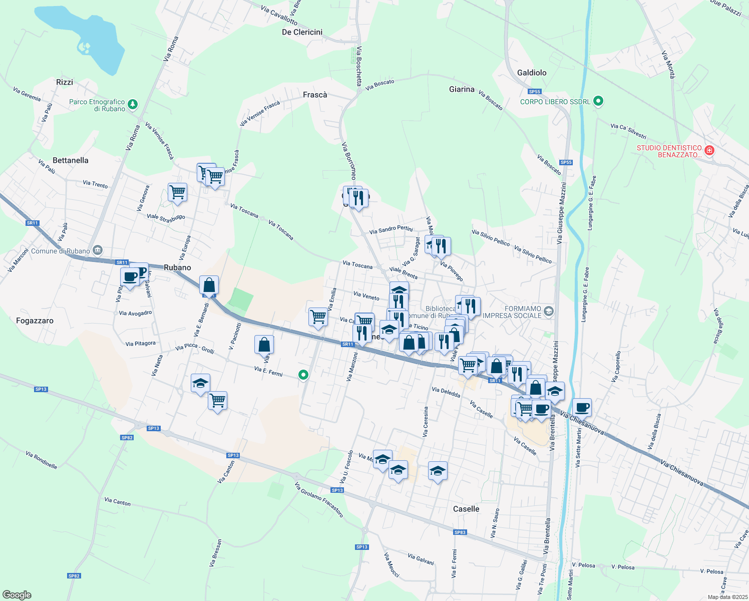 map of restaurants, bars, coffee shops, grocery stores, and more near 14 Via Veneto in Sarmeola