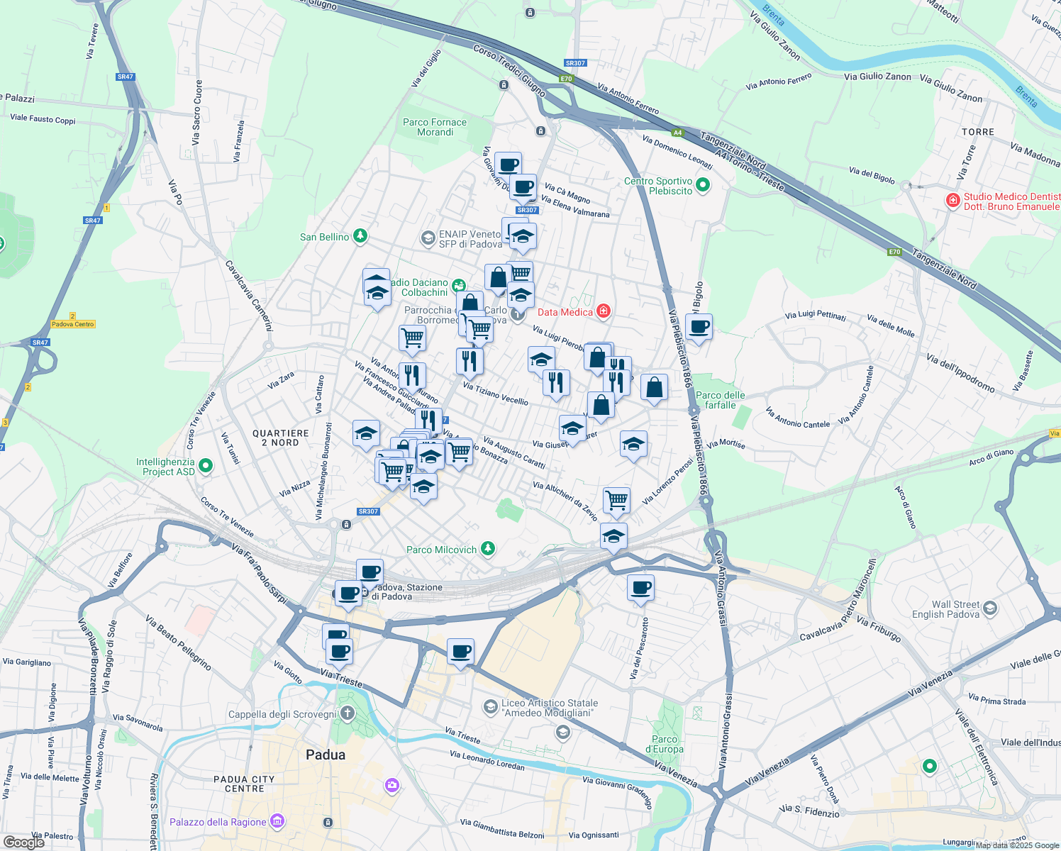 map of restaurants, bars, coffee shops, grocery stores, and more near 16 Via Niccolò Jommelli in Padova