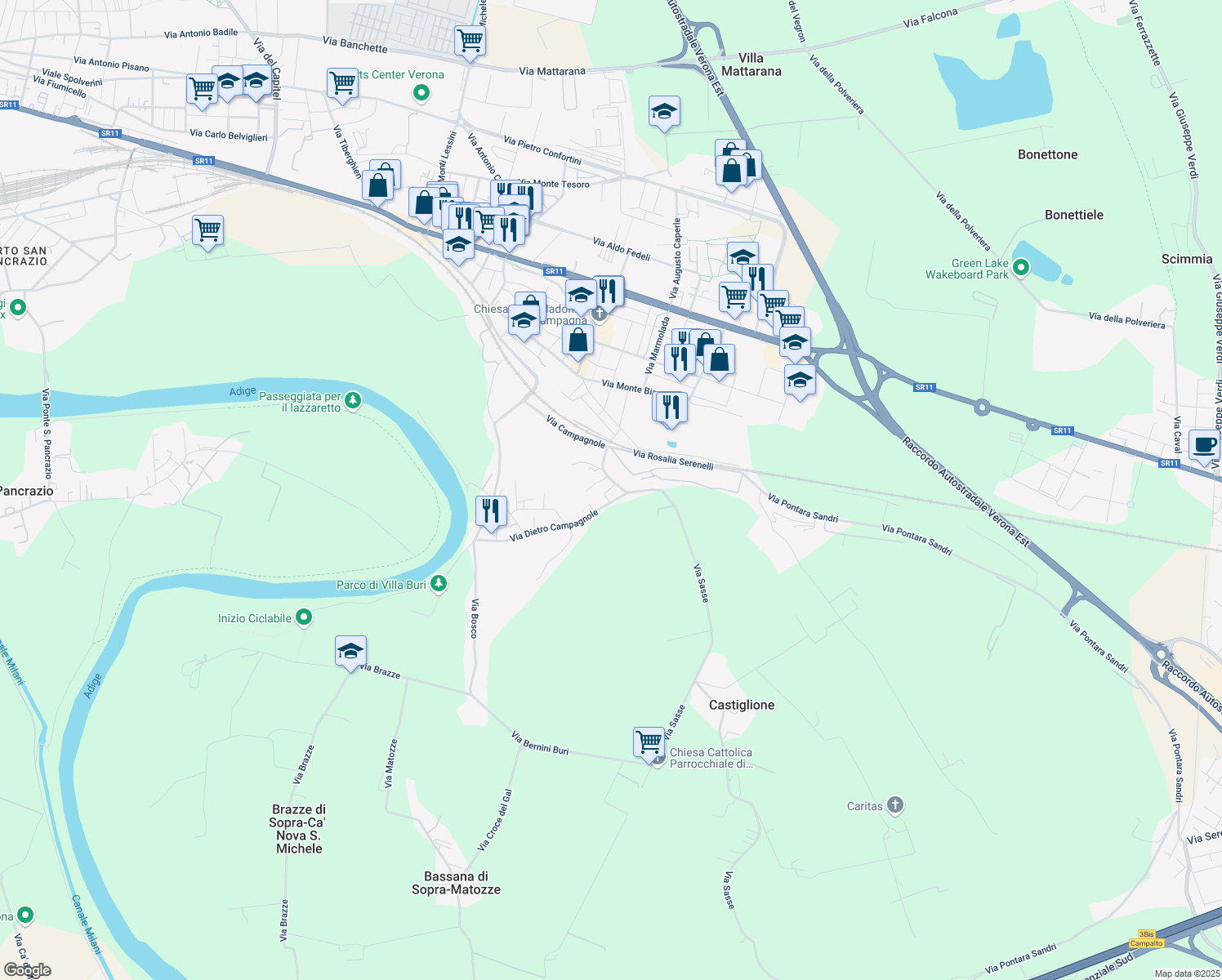 map of restaurants, bars, coffee shops, grocery stores, and more near 53 Via Campagnole in Verona