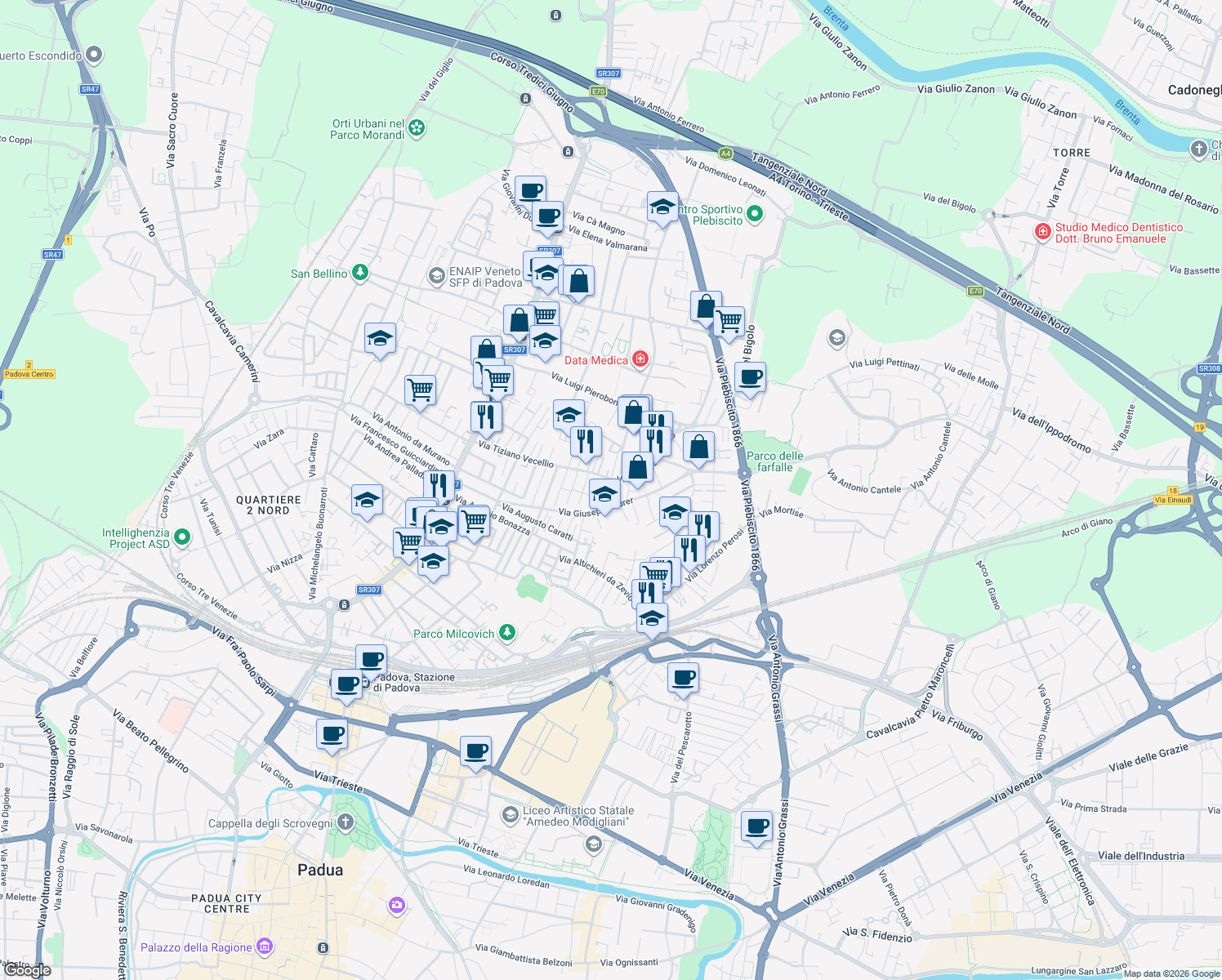 map of restaurants, bars, coffee shops, grocery stores, and more near 5 Via Umberto Giordano in Padova