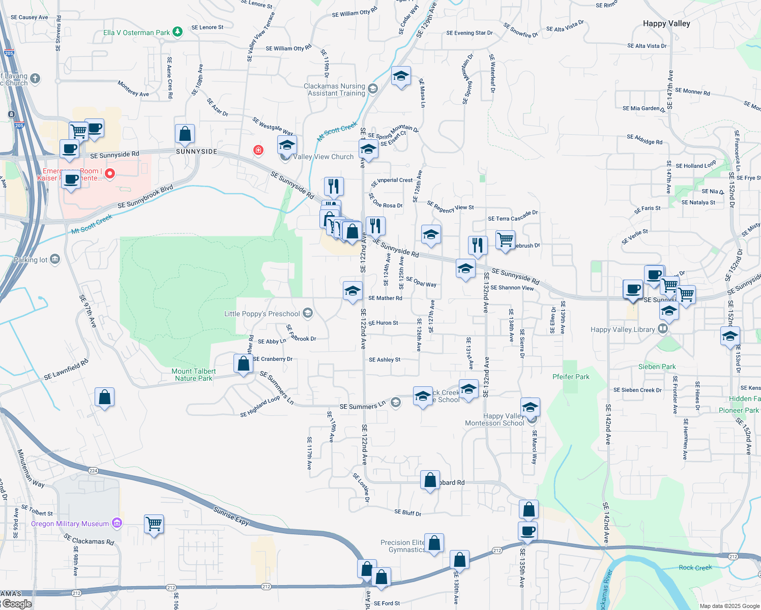 map of restaurants, bars, coffee shops, grocery stores, and more near 13533 SE 123rd Ave in Clackamas
