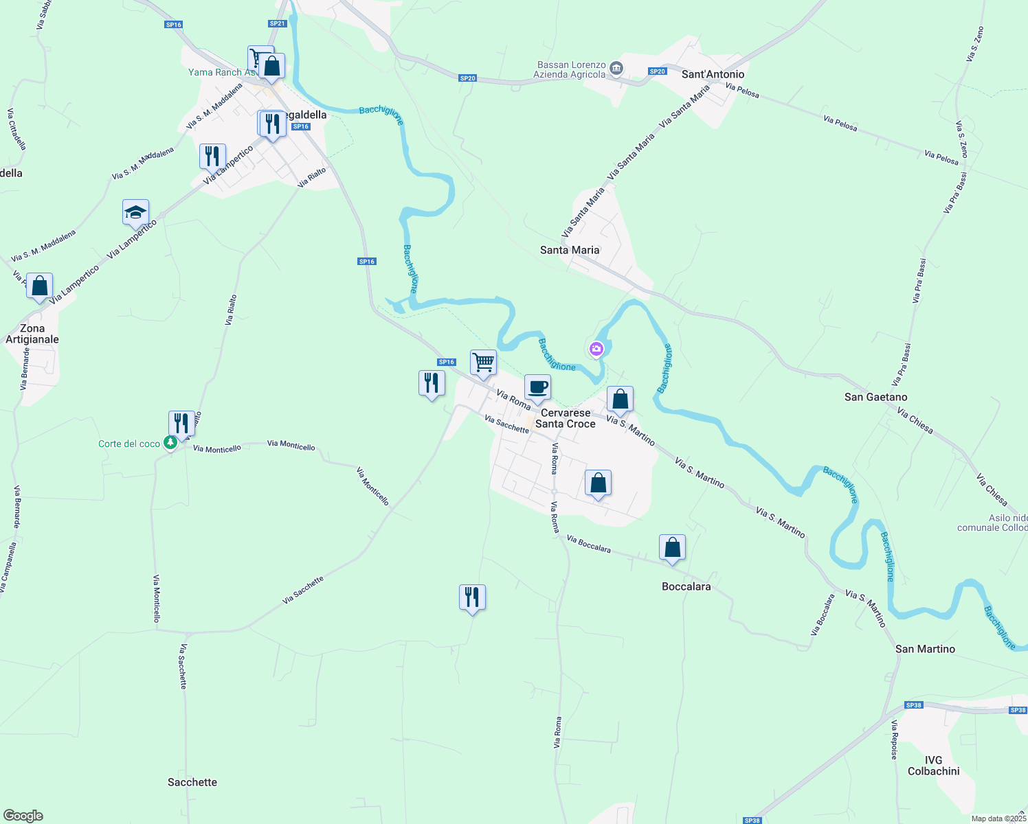 map of restaurants, bars, coffee shops, grocery stores, and more near 3b Piazza don Rino Brasola in Cervarese Santa Croce