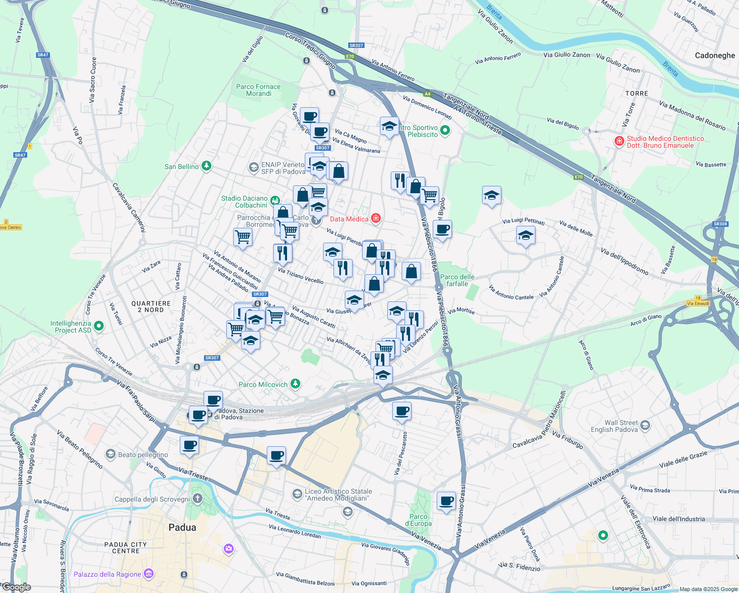 map of restaurants, bars, coffee shops, grocery stores, and more near 47 Via Giuseppe Durer in Padova