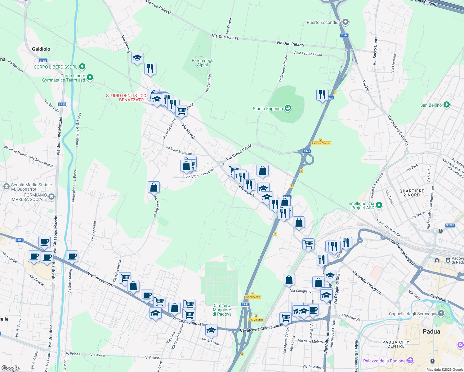 map of restaurants, bars, coffee shops, grocery stores, and more near 16 Via Alberto Einstein in Padova