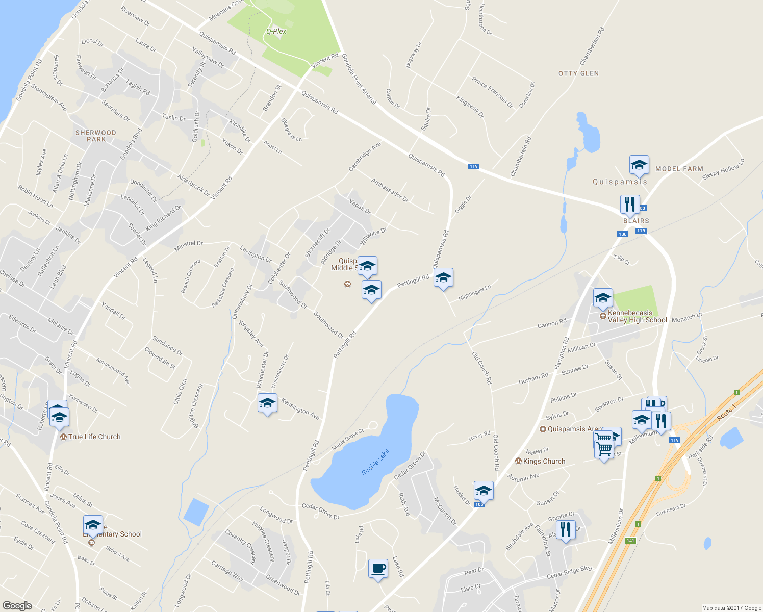 map of restaurants, bars, coffee shops, grocery stores, and more near 186 Pettingill Road in Quispamsis