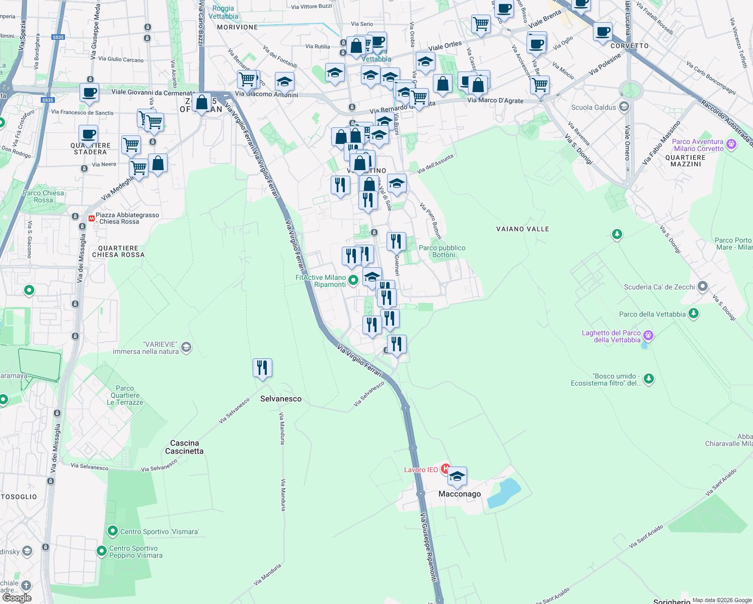 map of restaurants, bars, coffee shops, grocery stores, and more near 7 Via Fra Riccardo Pampuri in Milan