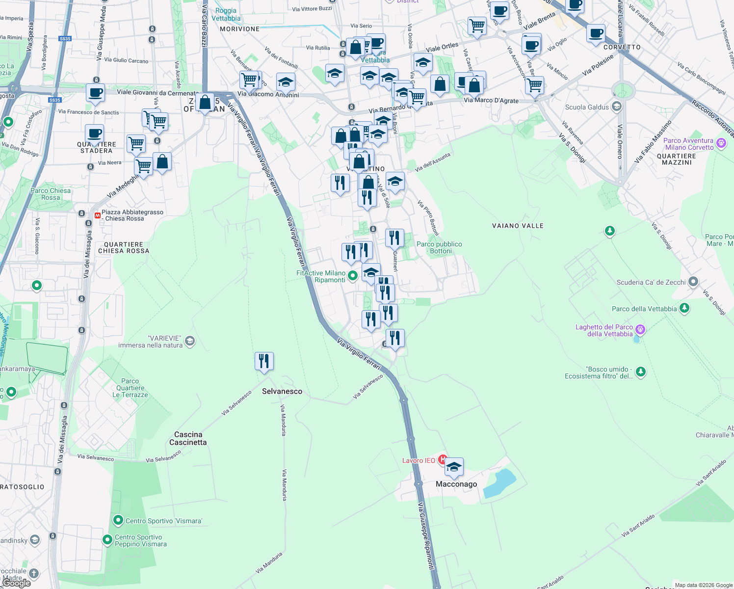 map of restaurants, bars, coffee shops, grocery stores, and more near 7 Via Fra Riccardo Pampuri in Milano