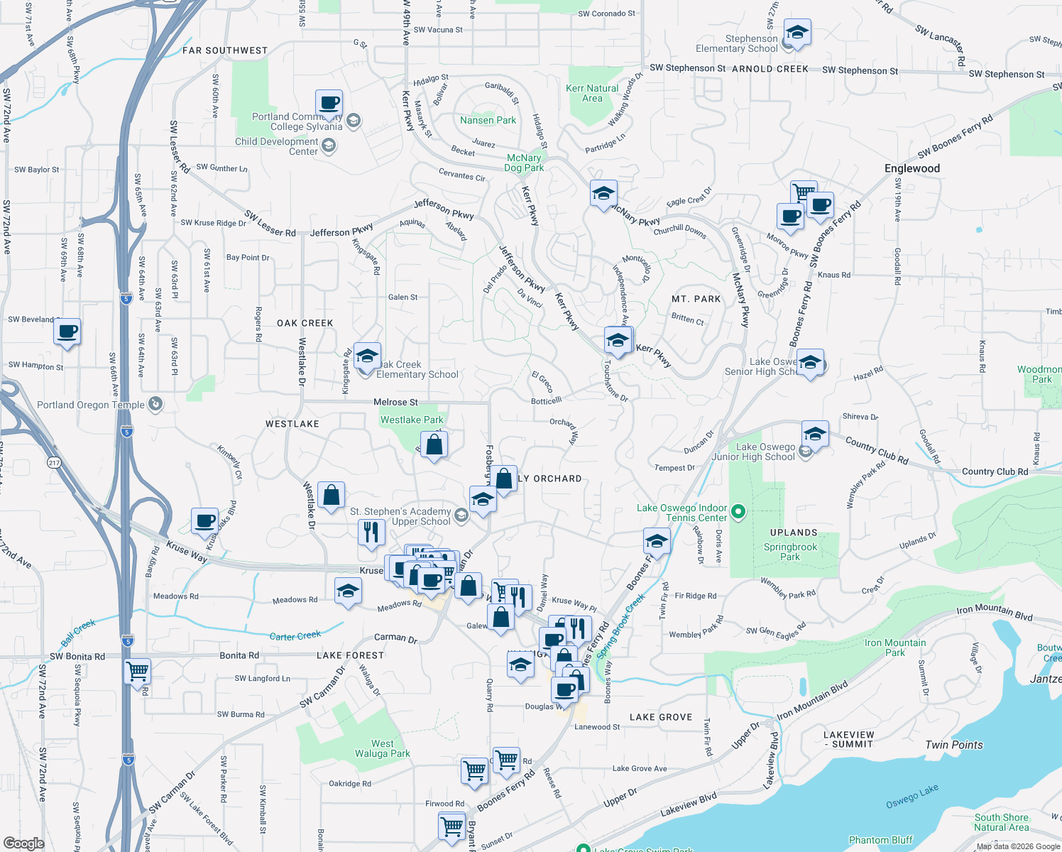 map of restaurants, bars, coffee shops, grocery stores, and more near 4134 Orchard Way in Lake Oswego