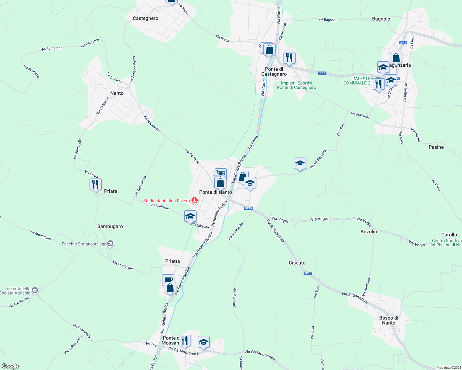 map of restaurants, bars, coffee shops, grocery stores, and more near 21 Via Bembo in Ponte di Nanto