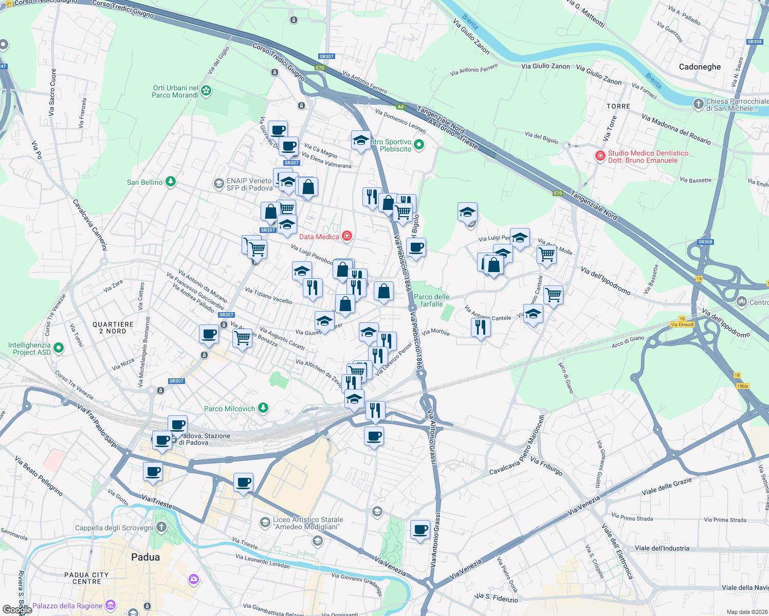 map of restaurants, bars, coffee shops, grocery stores, and more near 10 Via Giovanni Battista Viotti in Padova