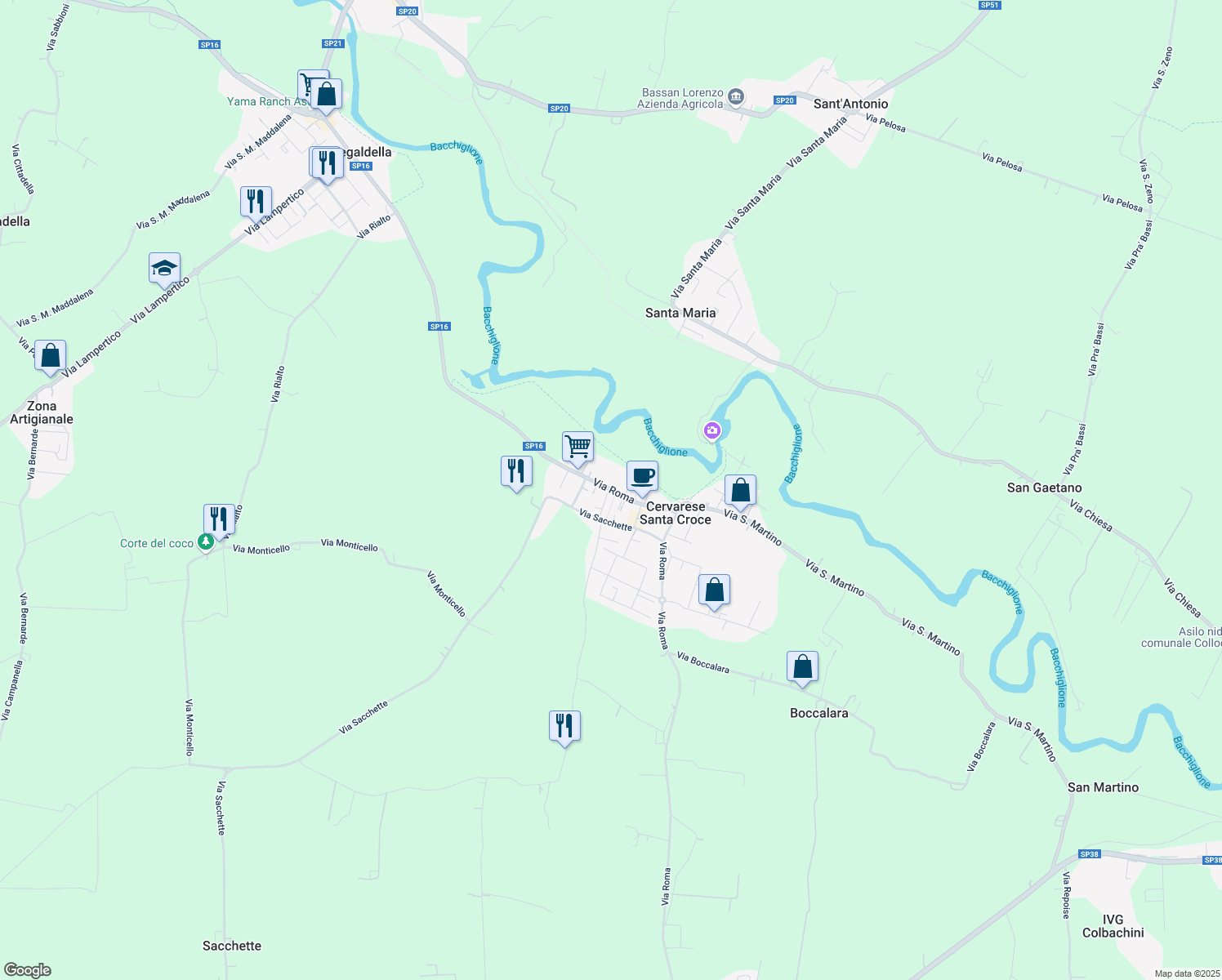 map of restaurants, bars, coffee shops, grocery stores, and more near 3b Piazza don Rino Brasola in Cervarese Santa Croce