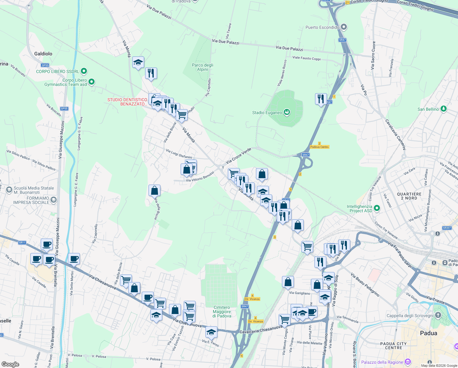 map of restaurants, bars, coffee shops, grocery stores, and more near 16 Via Alberto Einstein in Padova